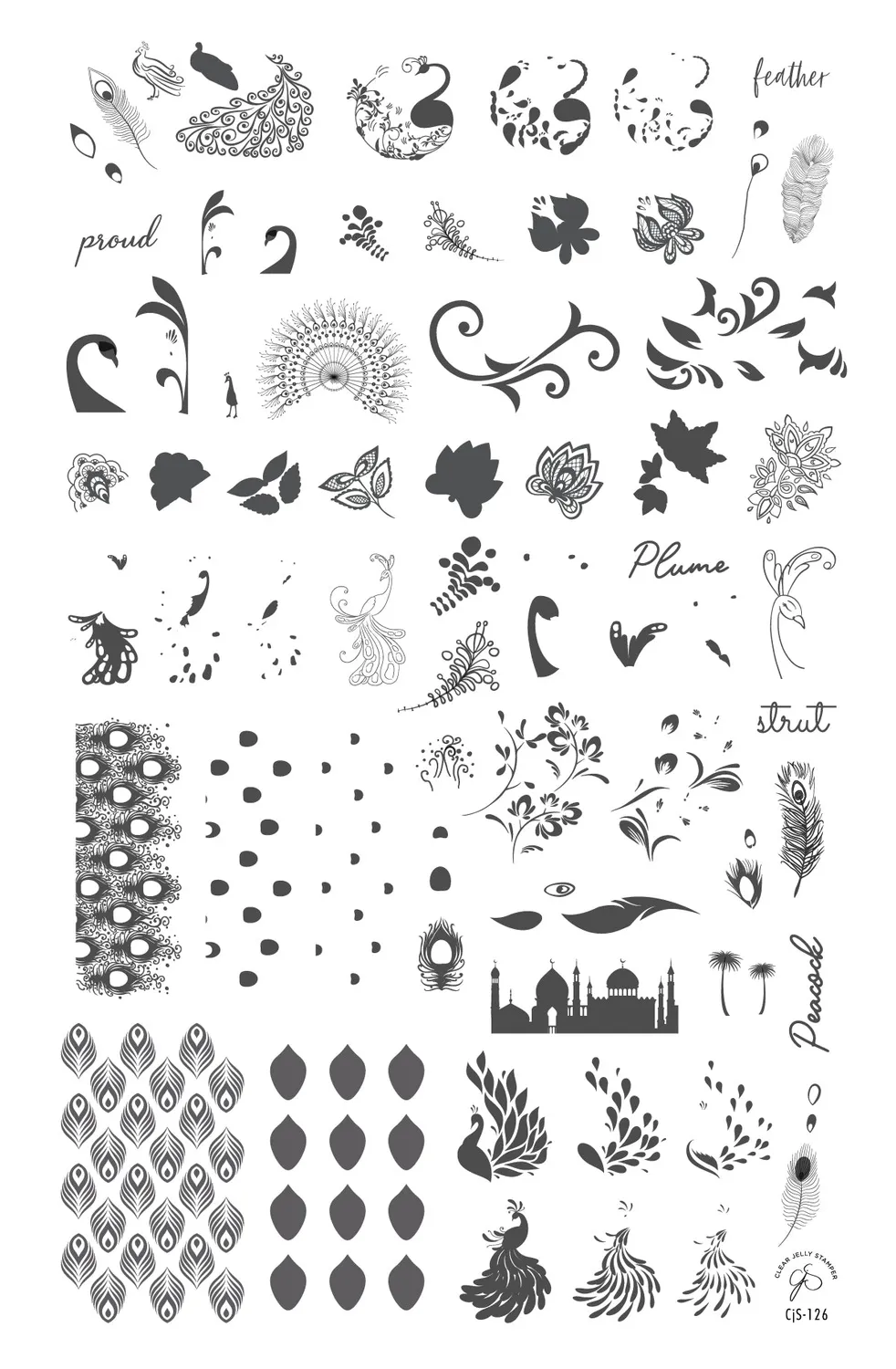 Clear Jelly Stamper CjS-126 Tail Feathers stamping plade påfugl