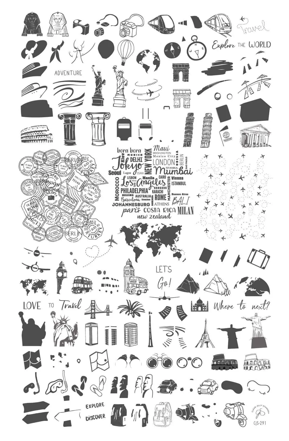 Clear Jelly Stamper CJS-291 Explore the World stamping plade rejse