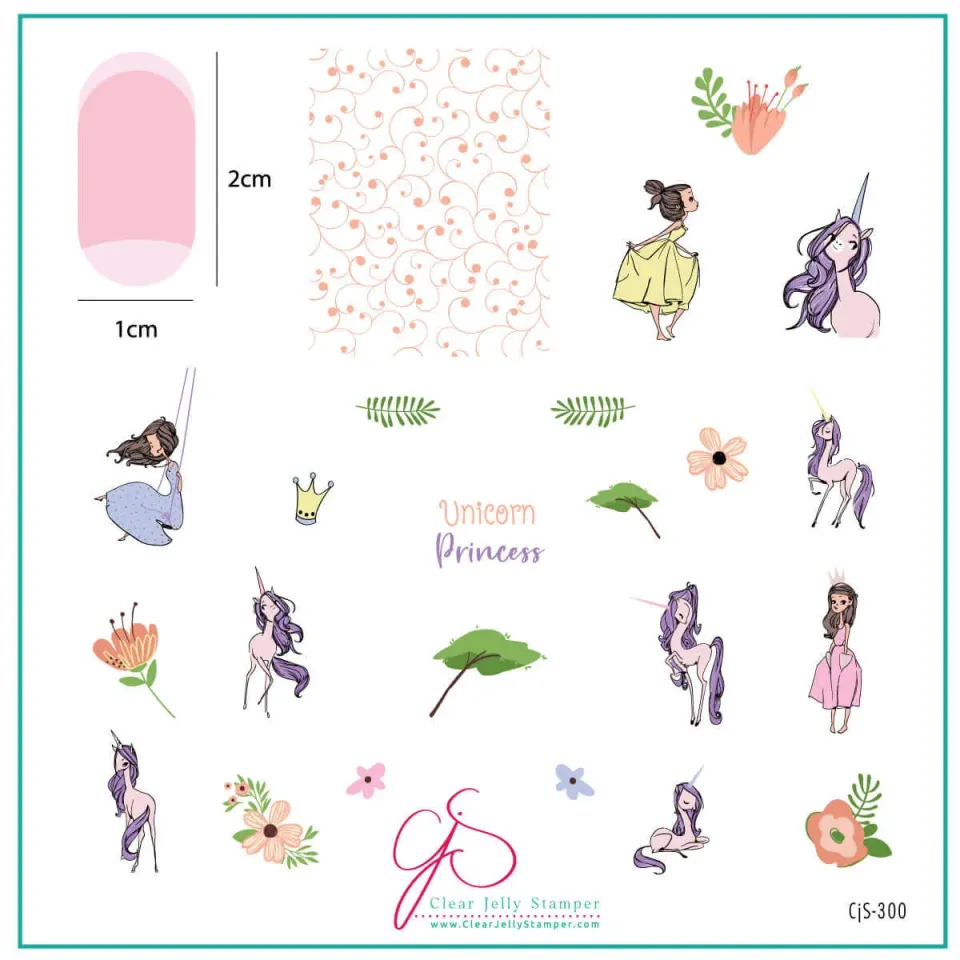 Clear Jelly Stamper CjS-300 Unicorn Princess negleplade 8x8 cm prinsesse