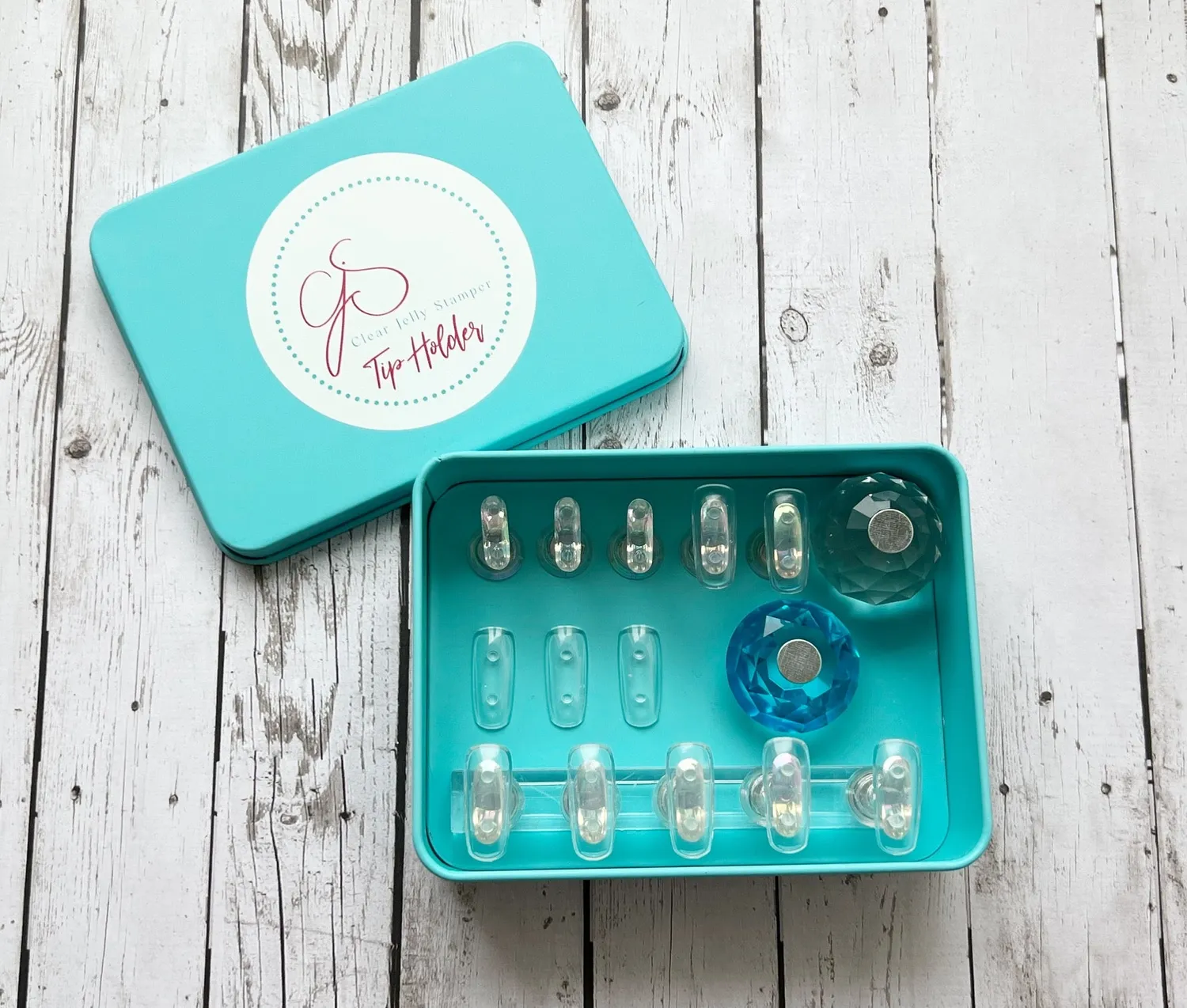 Clear Jelly Stamper CjS Demo Tip Tin tipholder 10 tips metaldåse