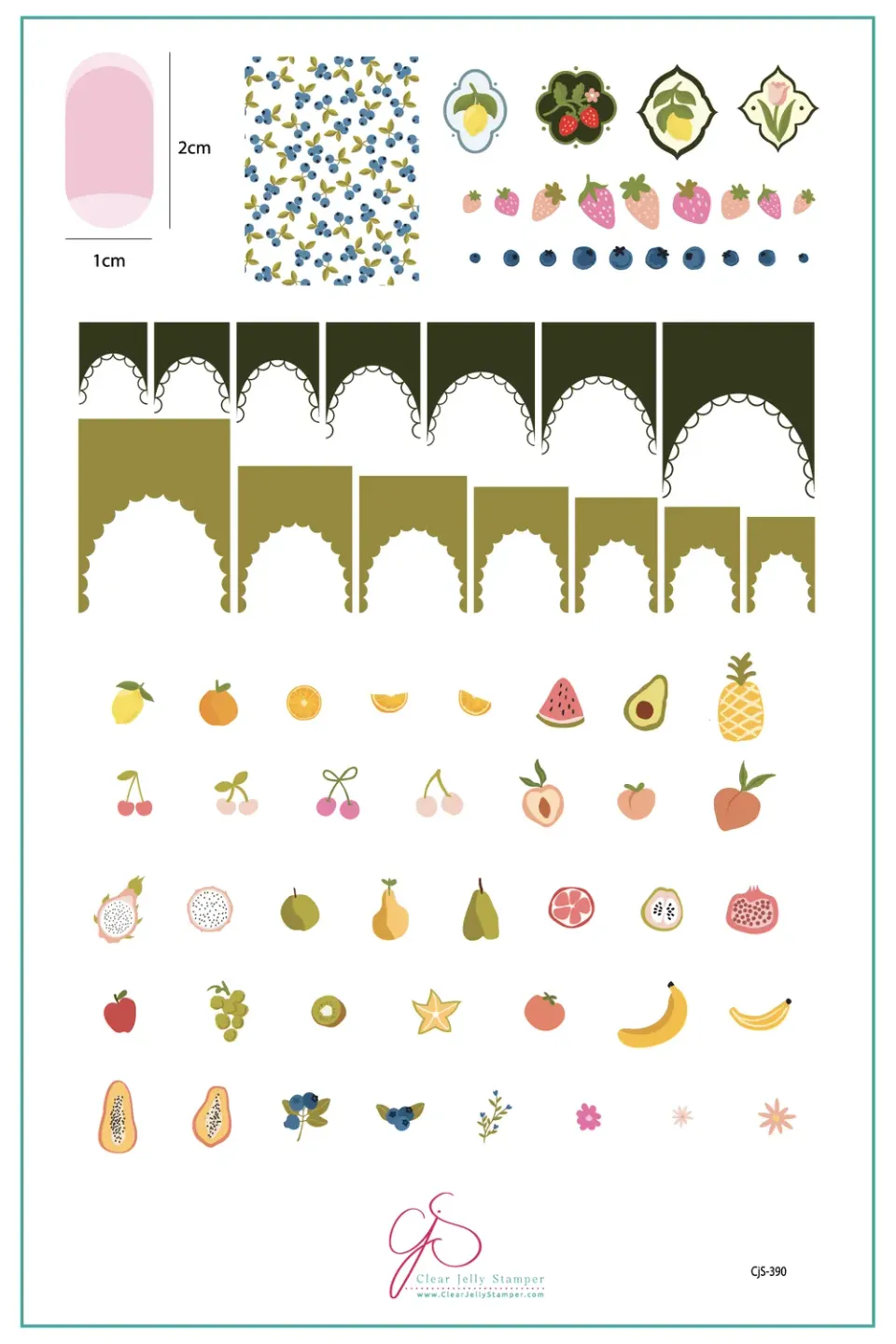 Clear Jelly Stamper CJS-390 Frilly Fruit stempelplade frugt 14x9 cm
